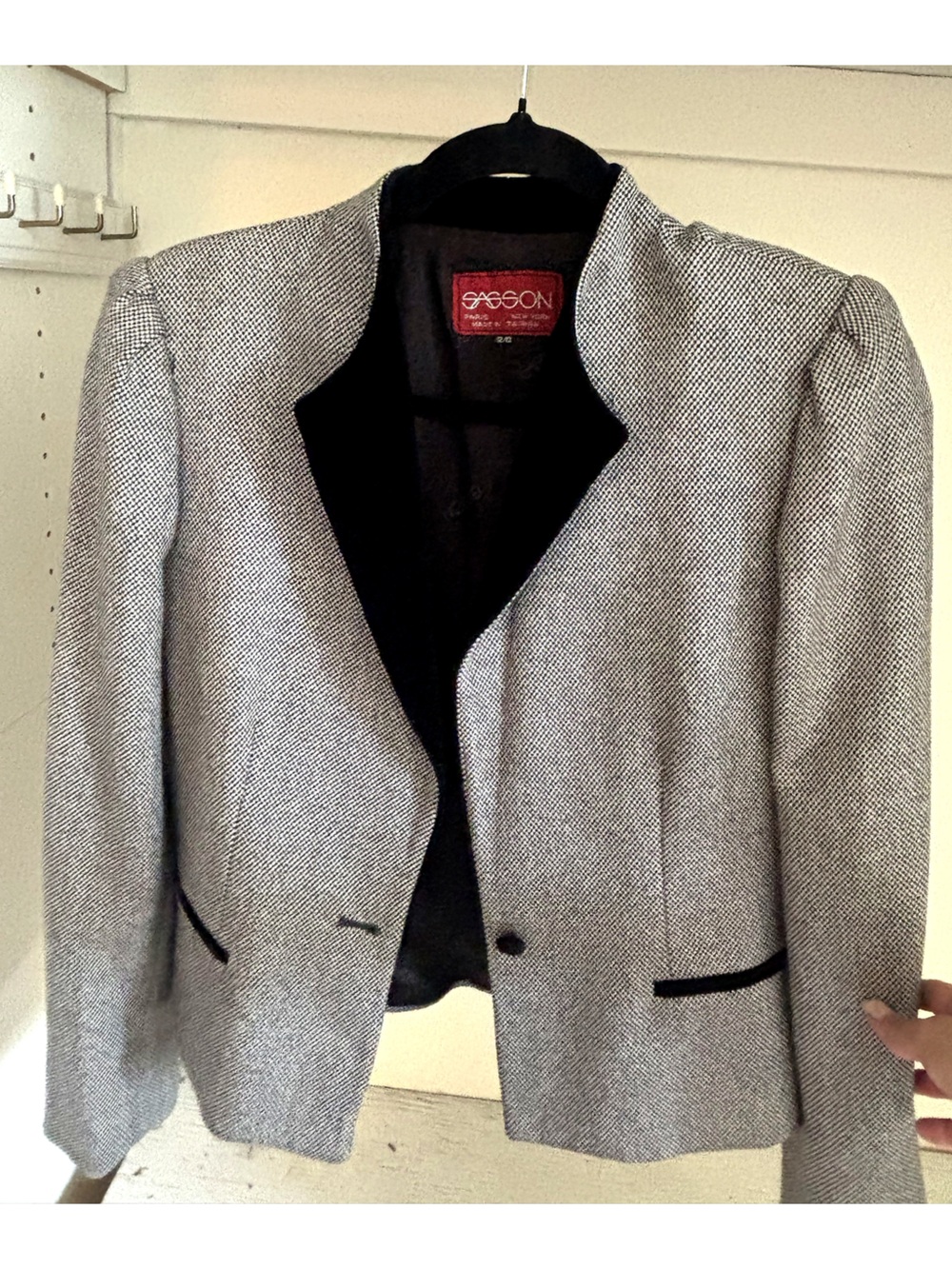 Gray Herringbone Blazer with Black Trim - Women's Tailored Jacket